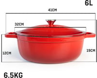 VeoHome Öntöttvas Lábas 6L Piros Ovális - Zománcozott Edény Sütéshez Főzéshez - Indukciós Tűzhelyre és Sütőbe - Holland Fazék Kenyérsütéshez 6