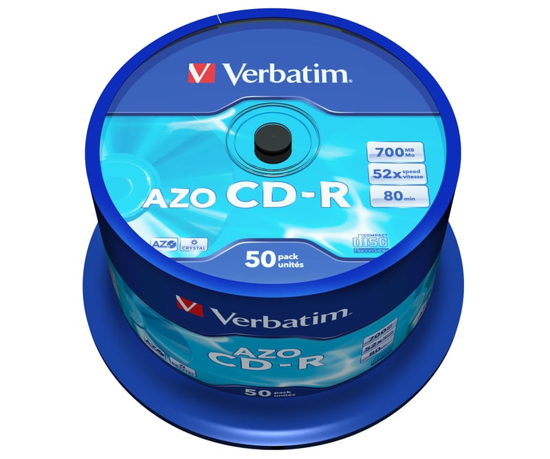 CD-R disk Verbatim AZO Crystal 700 MB 52x, 50 ks v balení (spindle), biela farba, dlhá životnosť