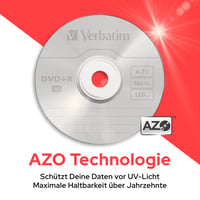 Verbatim DVD+R 4,7 GB, rýchlosť zápisu 16x, povrch odolný proti poškriabaniu, technológia AZO, balenie 10 ks na vretene, spoľahlivá dlhodobá archivácia 3