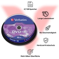 Verbatim DVD+R 4,7 GB, rýchlosť zápisu 16x, povrch odolný proti poškriabaniu, technológia AZO, balenie 10 ks na vretene, spoľahlivá dlhodobá archivácia 4