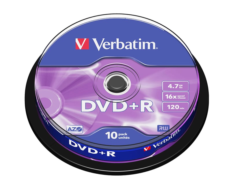 Verbatim DVD+R 4,7 GB, rýchlosť zápisu 16x, povrch odolný proti poškriabaniu, technológia AZO, balenie 10 ks na vretene, spoľahlivá dlhodobá archivácia