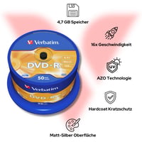 Verbatim DVD-R AZO 4,7 GB 16x matný strieborný zapisovateľný DVD disk – 50-kusové balenie na vretene 4
