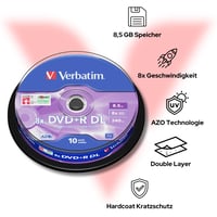 DVD+R Double Layer Verbatim 8,5 GB, rýchlosť zápisu 8x, matný strieborný povrch, odolné voči poškriabaniu, balenie 10 ks na tŕni, 240 minút 4