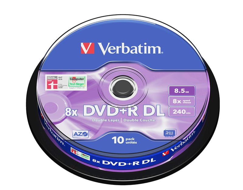 DVD+R Double Layer Verbatim 8,5 GB, rýchlosť zápisu 8x, matný strieborný povrch, odolné voči poškriabaniu, balenie 10 ks na tŕni, 240 minút