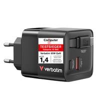 Verbatim GaN 65W 2-portová rýchlonabíjačka USB-C so zasúvateľným káblom, EU/UK/USA – čierna 1