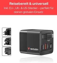 Verbatim GaN 65W 2 portos USB-C gyorstöltő visszahúzható kábellel, EU/UK/USA - fekete 4