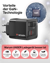 Verbatim GaN 65W 2 portos USB-C gyorstöltő visszahúzható kábellel, EU/UK/USA - fekete 3