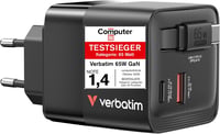 Verbatim GaN 65W 2 portos USB-C gyorstöltő visszahúzható kábellel, EU/UK/USA - fekete 1