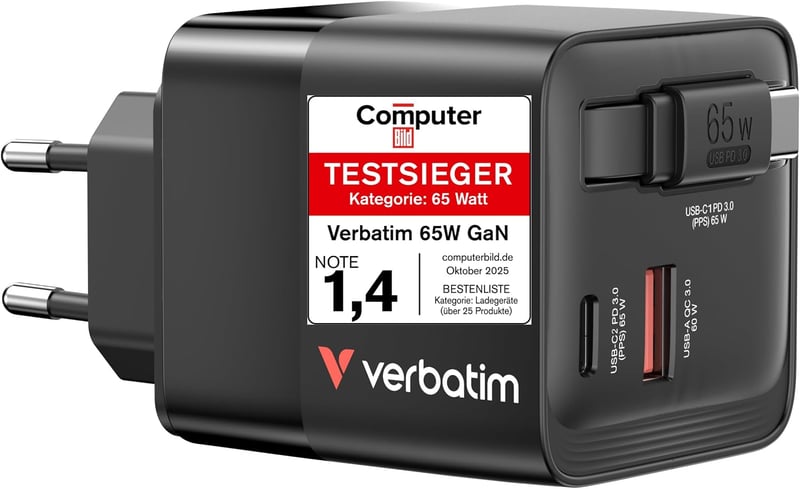 Verbatim GaN 65W 2 portos USB-C gyorstöltő visszahúzható kábellel, EU/UK/USA - fekete