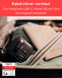 Verbatim GaN 65W 2 portos USB-C gyorstöltő visszahúzható kábellel, EU/UK/USA - fekete 6