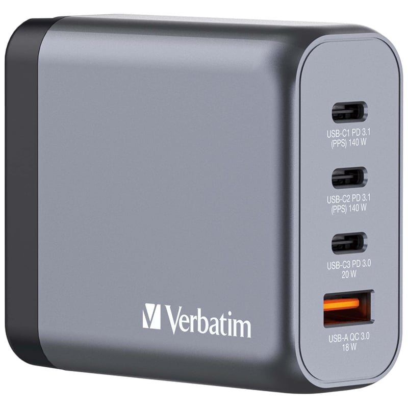 Încărcător GaN Verbatim 140W, Adaptor USB-C cu 4 porturi, 3x USB-C și 1x USB-A, Încărcător rapid pentru MacBook, Notebook, iPad, iPhone și dispozitive Samsung