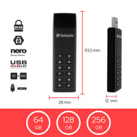 Verbatim Keypad Secure USB-C kľúč 128GB – Ochrana heslom a šifrovanie, s USB-C predlžovacím káblom, čierny 2