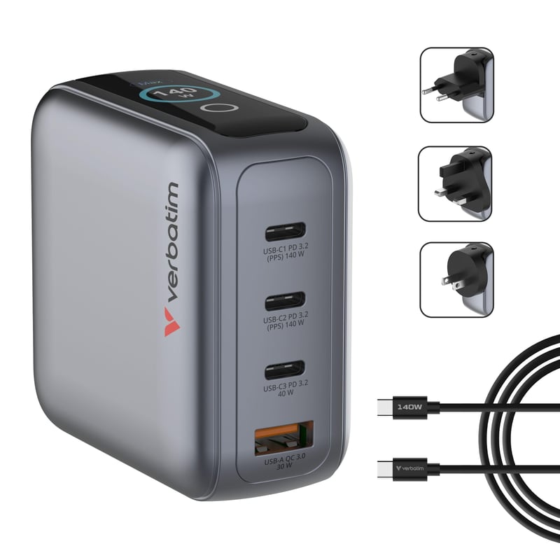 Încărcător de voiaj Verbatim Mini GaN 140W cu afișaj, 3 porturi USB-C și USB-A