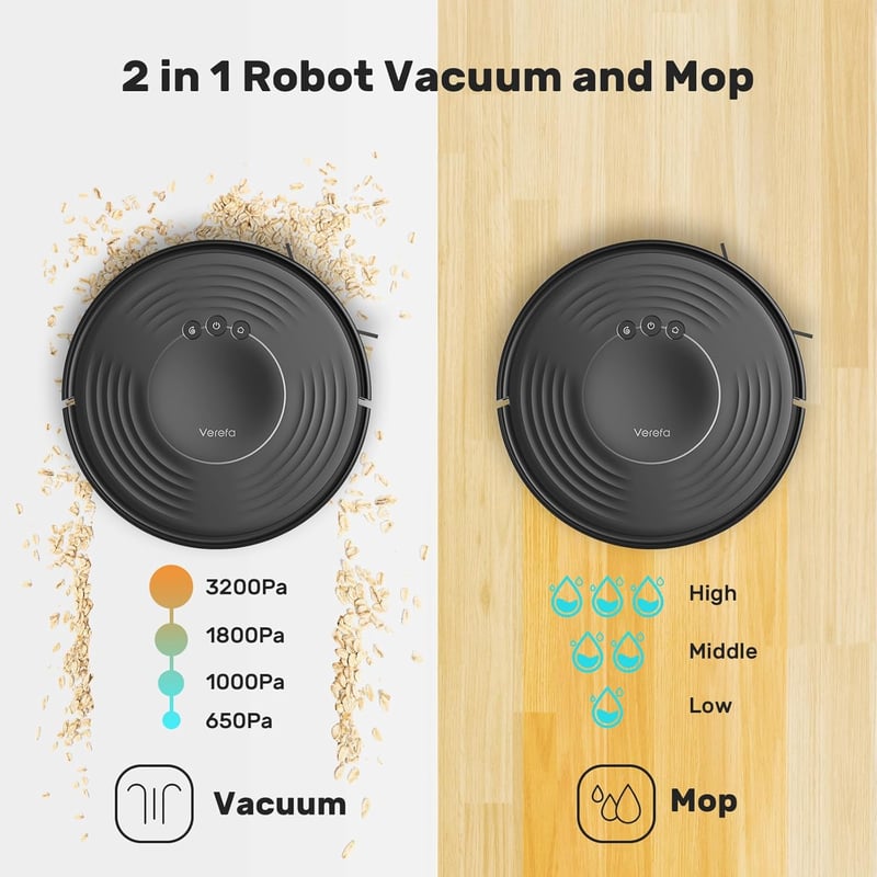 Verefa 2-in-1 robotporszívó és felmosó, 3200Pa szívóerő, 150 perc üzemidő, Alexa vezérlés