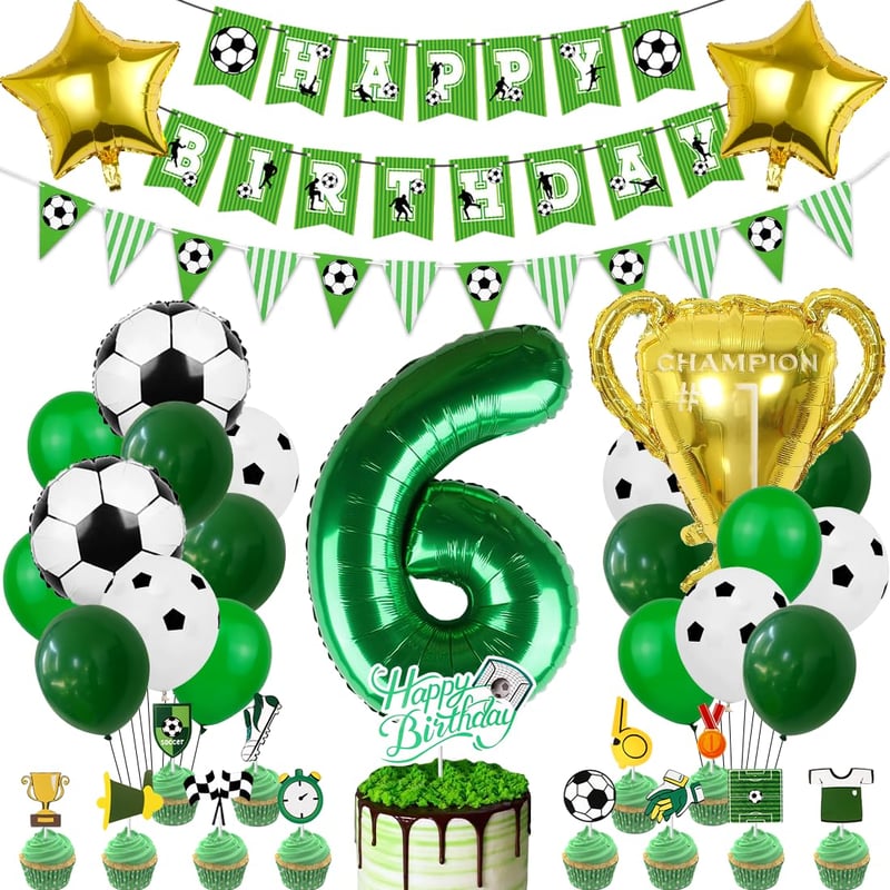 Sada futbalových balónov VerLuky na 6. narodeniny, zelený fóliový balón, 18 latexových balónov, balón v tvare trofeje a hviezdy, banner Happy Birthday, dekorácia na futbalovú oslavu