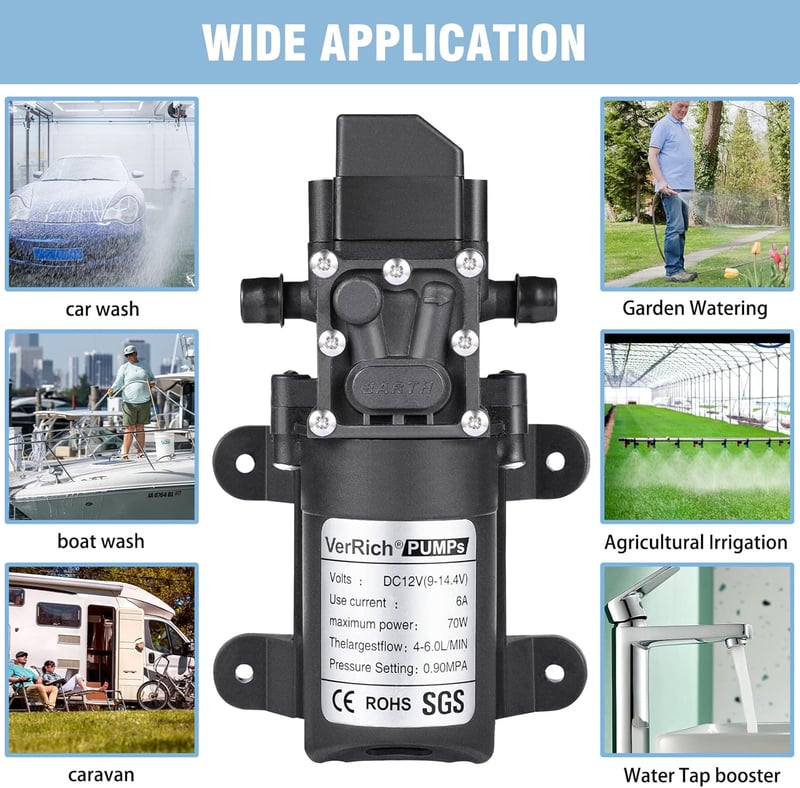 VerRich 12V Membránpumpa 70W Önszívó Vízpumpa 6 L/min
