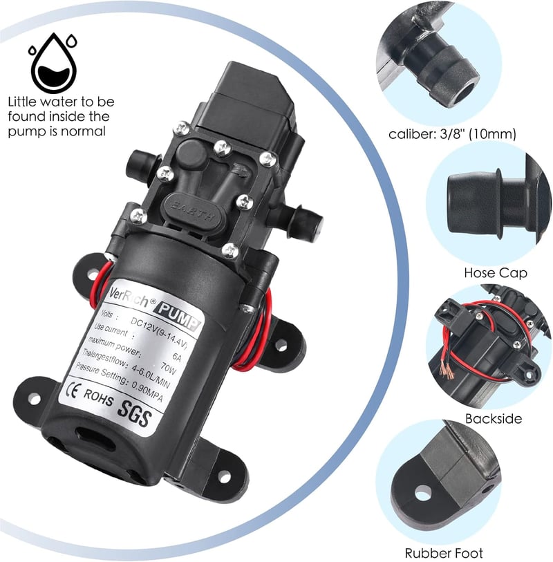 VerRich 12V Membránpumpa 70W Önszívó Vízpumpa 6 L/min