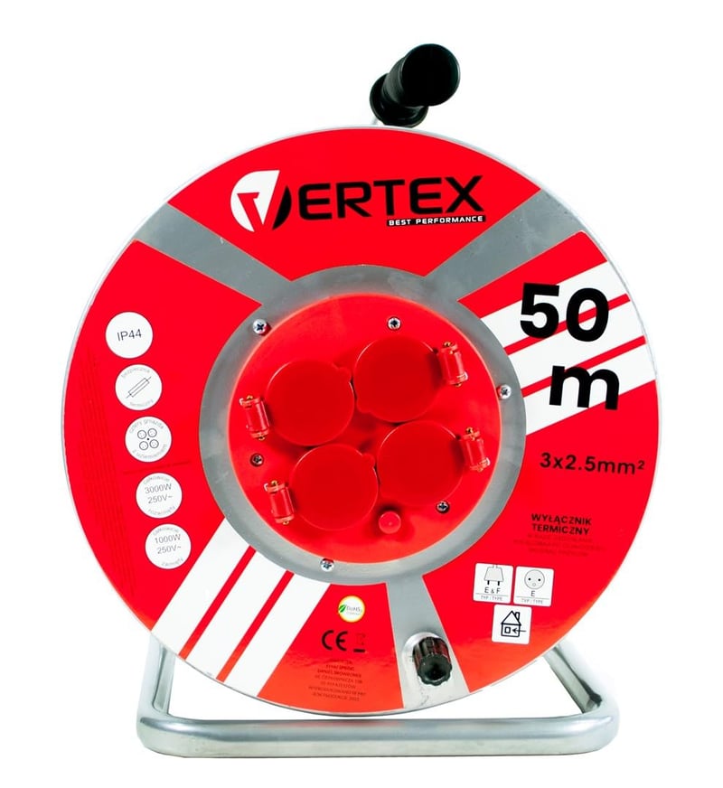 Vertex Kovový káblový bubon 3x2,5 mm² IP44 Schuko s uzemnením, 4 zásuvky, tepelná poistka, pre vnútorné aj vonkajšie použitie