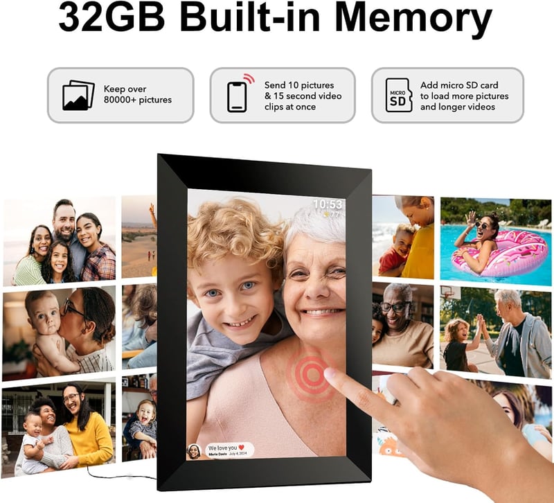 VESWWE 10,1" WiFi Digitális Képkeret - 32GB, Érintőképernyős, 1280x800 IPS, Automatikus Forgatás, Fotó és Videó Megosztás Okostelefonról