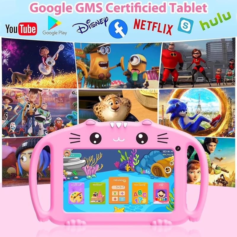 VESWWE Gyerek Tablet 7 Hüvelyk Android WiFi 32GB Dupla Kamera Szülői Felügyelet 3-14 Éveseknek Rózsaszín