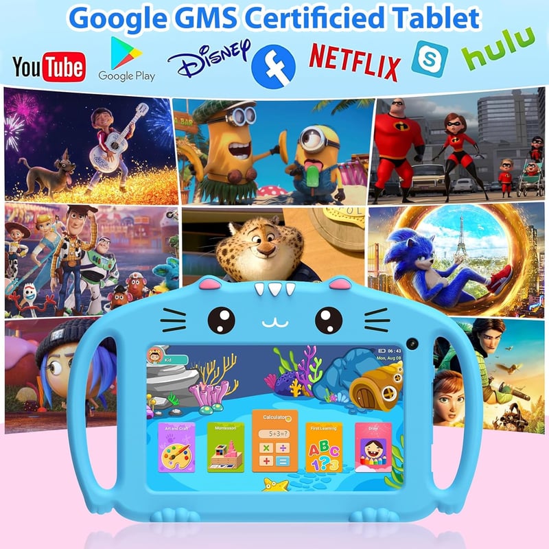 VESWWE Gyerektablet 7" Android WiFi 2GB/32GB Dupla Kamerával, Szülői Felügyelettel, Ütésálló Tokkal, Állvánnyal 3-14 Éves Korig (Kék)