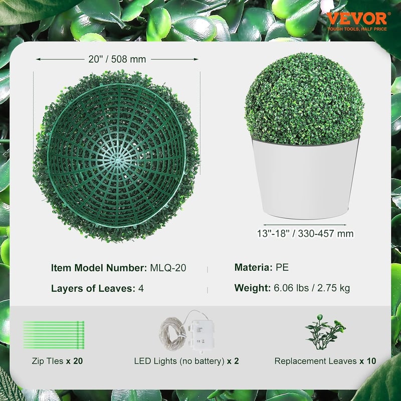 VEVOR 2 db Műanyag Buxus Gömb 50,8 cm LED Világítással Kertdekoráció