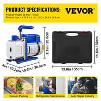 Vevor 4,8 CFM 1/3 HP vákuová pumpa pre klimatizácie, jednostupňová, pre HVAC A/C chladiace systémy, konečné vákuum 5 Pa, vrátane 4-cestnej sady manometrov a hadíc 7