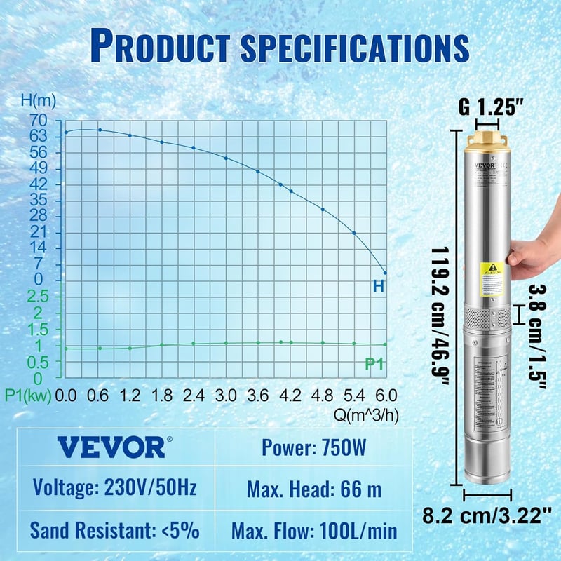 VEVOR 750W merülő kút szivattyú 100 L/min 66m szállítási magasság IP68