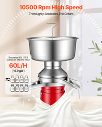 Odstreďovačka na smotanu VEVOR, 40 W, 60 l/h, 10500 ot./min, nehrdzavejúca oceľ 304, 4,5 l nádoba na mlieko, ovládanie tlačidlami, na kravské mlieko 4