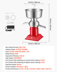 Odstreďovačka na smotanu VEVOR, 40 W, 60 l/h, 10500 ot./min, nehrdzavejúca oceľ 304, 4,5 l nádoba na mlieko, ovládanie tlačidlami, na kravské mlieko 7