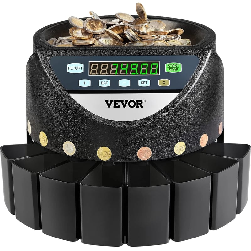 VEVOR Érmesoroló gép 220V, 300 érme/perc, 700 érme kapacitás, 8 gyűjtődoboz, eurós érmecsaló