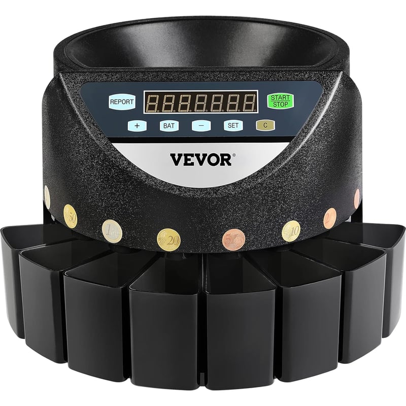 VEVOR Érmesoroló gép 220V, 300 érme/perc, 700 érme kapacitás, 8 gyűjtődoboz, eurós érmecsaló
