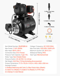 VEVOR házi vízellátó szivattyú 800 W, 5000 l/h, 19 l nyomástartállyal, 49 m emelőmagasság 7