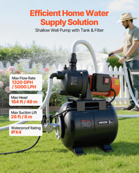 VEVOR házi vízellátó szivattyú 800 W, 5000 l/h, 19 l nyomástartállyal, 49 m emelőmagasság 2
