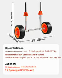 VEVOR Kolica za prijevoz kajaka nosivosti 145 kg, odvojiva kolica za kanu, podesiva širina 25,4 cm, s punim kotačima, protuklizna 7