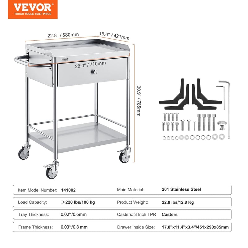 VEVOR Kétszintes laboratóriumi kocsi 100 kg teherbírás rozsdamentes acél fiókokkal