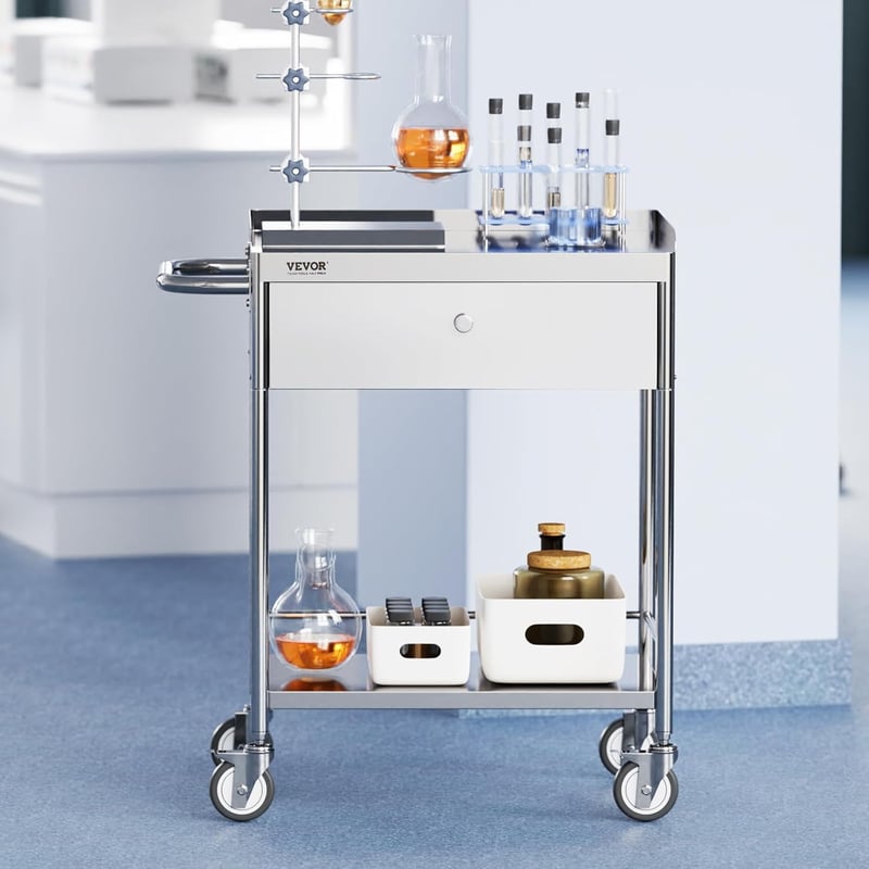 VEVOR Kétszintes laboratóriumi kocsi 100 kg teherbírás rozsdamentes acél fiókokkal
