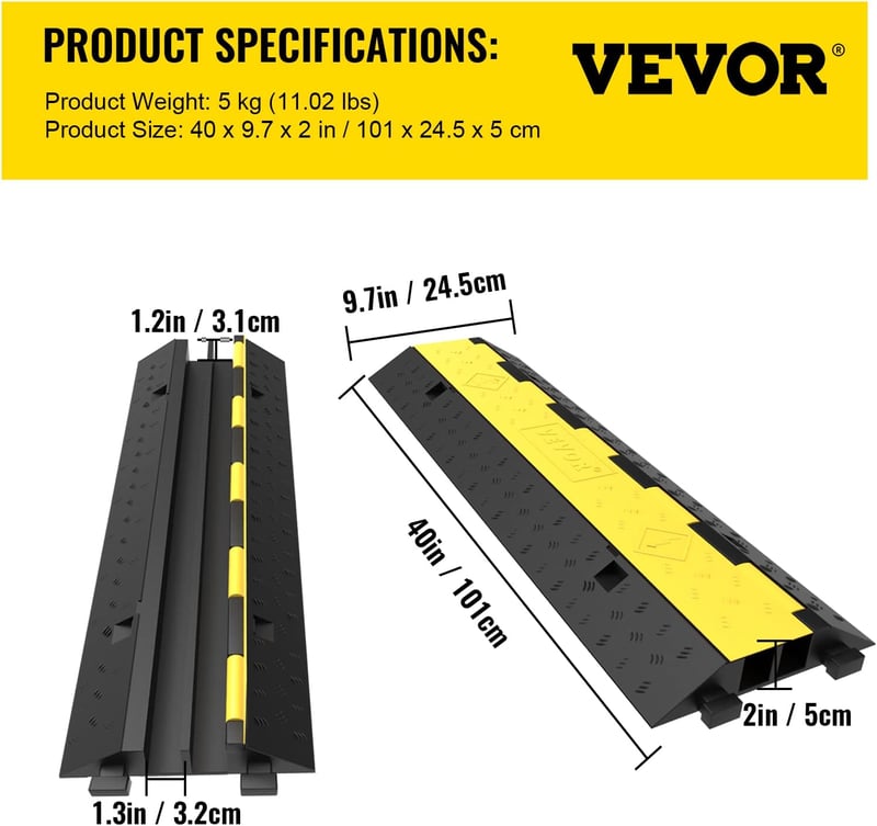 VEVOR Moduláris Kábelvédő Rámpa 2 Csatornás Gumi-PVC 4900 kg Terhelhetőség 5 db Fekete-Sárga