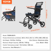 Skladací hliníkový invalidný vozík VEVOR so sklopnými opierkami na ruky, šírka sedadla 40 cm, nosnosť 100 kg 7