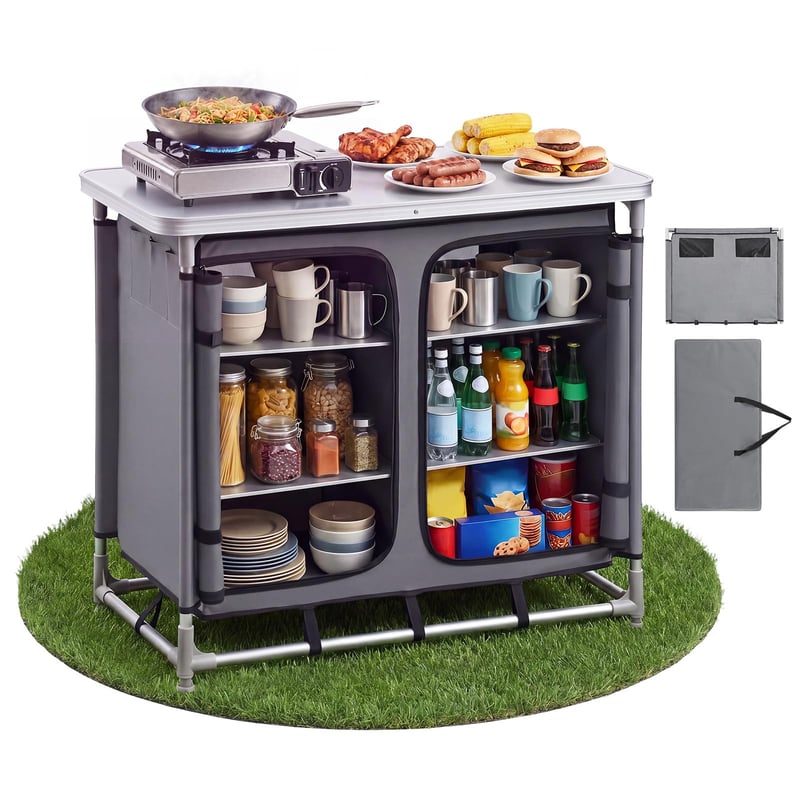 VEVOR Összecsukható Kemping Konyha 6 Rekesszel, Hordozható Kempingszekrény MDF Asztallap, 50 kg Teherbírás, Tárolóbútor Táskával, Piknik BBQ Utazás
