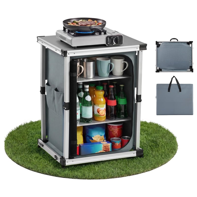 Bucătărie de camping pliabilă VEVOR, dulap de camping portabil cu 3 rafturi, buzunar exterior și blat din MDF, capacitate de încărcare 30 kg, pentru picnic, grătar, petreceri și excursii cu rulota