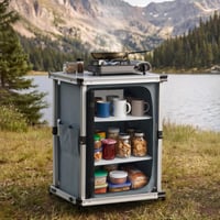 Bucătărie de camping pliabilă VEVOR, dulap de camping portabil cu 3 rafturi, buzunar exterior și blat din MDF, capacitate de încărcare 30 kg, pentru picnic, grătar, petreceri și excursii cu rulota 2