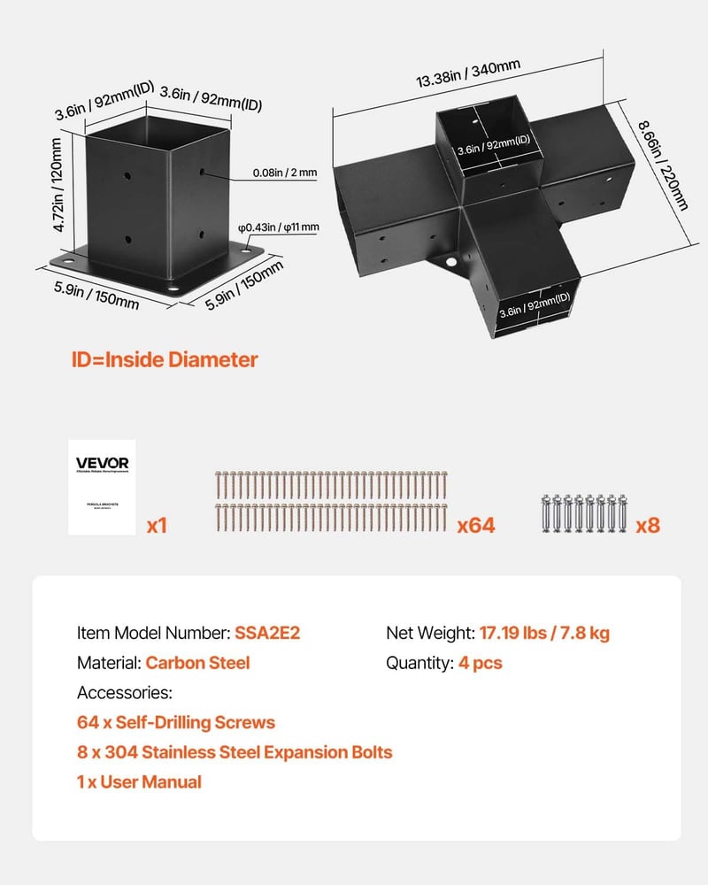 VEVOR Posztösszekötő 92x92mm Sarokcsatlakozó 4 Darabos Pergola Pavilon Alapzat
