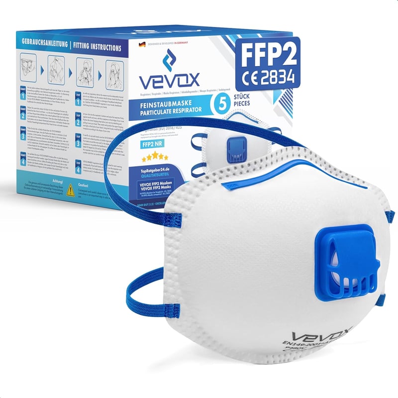 VEVOX FFP2 Maszk Szeleppel - 5 Darabos Csomag - Porvédő Légzésvédő Maszk Finompor és Építési Por Ellen