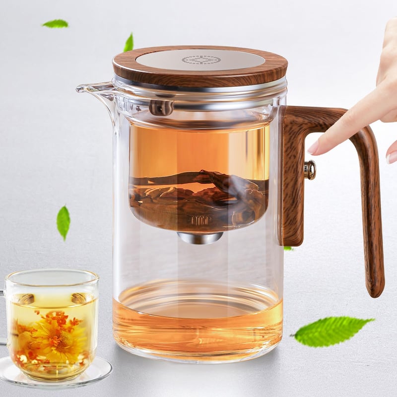 Ceainic magic VexNook cu infuzor – Ceainic din sticlă cu sistem de separare a apei, mâner ergonomic din silicon cu aspect de lemn, pentru prepararea ceaiului și a cafelei, 600 ml