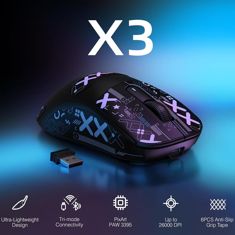 VGN GAMEPOWER Attack Shark X3 Vezeték Nélküli Gamer Egér, 49g Ultrakönnyű, 26000DPI PAW3395 Szenzor, 3 Csatlakozási Mód, 200 Órás Akku, Feke