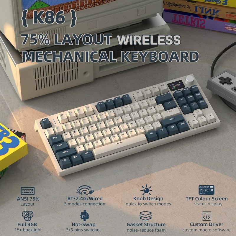 VGN GAMEPOWER RK86 Wireless Mechanikus Gamer Billentyűzet 75% TKL RGB, 3 Módú Kapcsolat, Hot-Swap