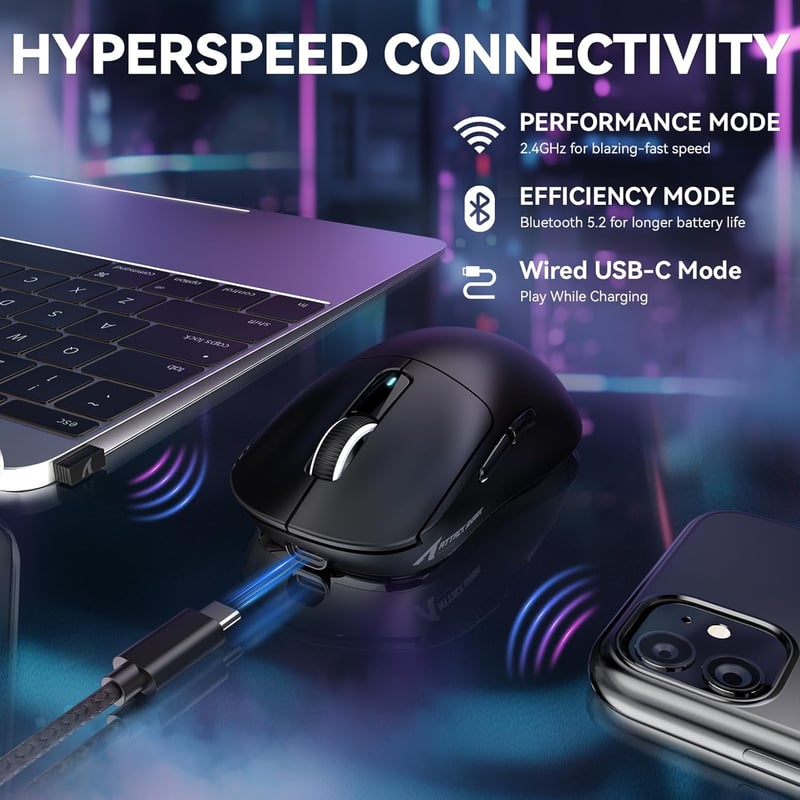 VGN GAMEPOWER x Attack Shark X3MAX Vezeték Nélküli Gamer Egér, 49g Ultrakönnyű, 42000DPI, Optikai Kapcsolók, 3 Csatlakozási Mód, 200 Órás Ak