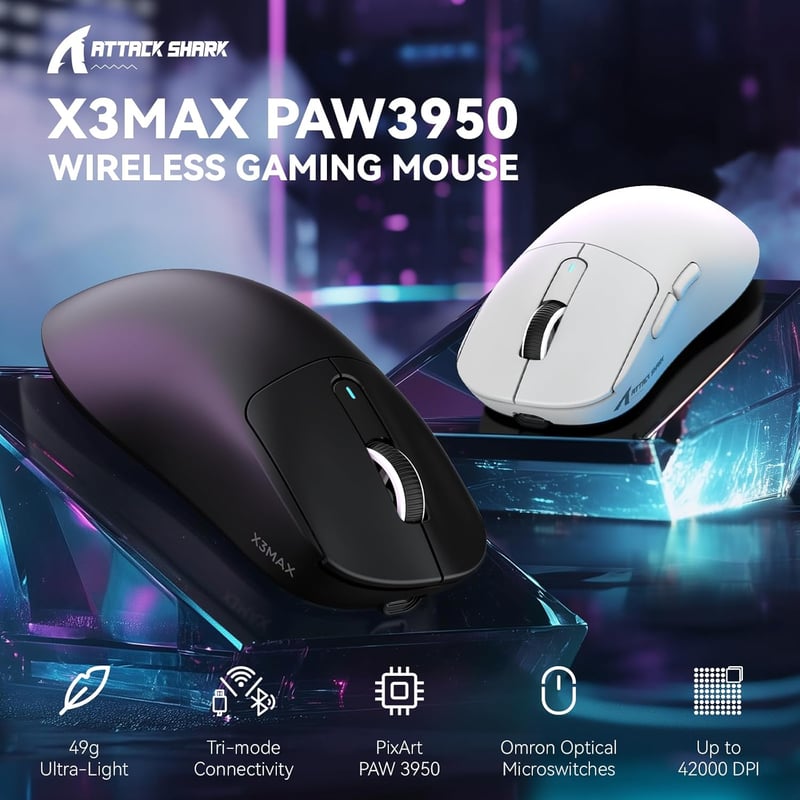 VGN GAMEPOWER x Attack Shark X3MAX Vezeték Nélküli Gamer Egér, 49g Ultrakönnyű, 42000DPI, Optikai Kapcsolók, 3 Csatlakozási Mód, 200 Órás Ak