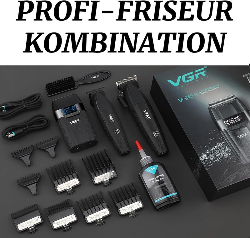 VGR 640S3 3 az 1-ben vezeték nélküli hajvágó szett 9000RPM férfi haj- és szakállnyíró trimmerrel, fóliás borotvával, fekete